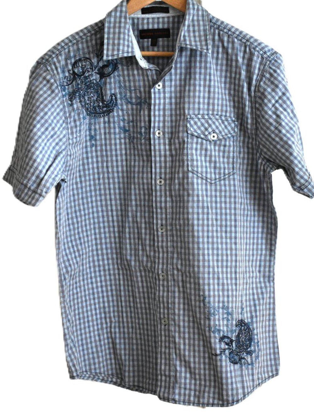 Michael Brandon Mens Size L Embroidered Gingham Checkered Short Sleeve Button Up